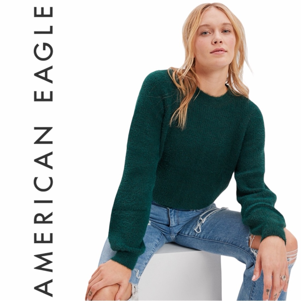 American Eagle Women’s Medium Soft Fuzzy Green Sweater With Open Back and Tie